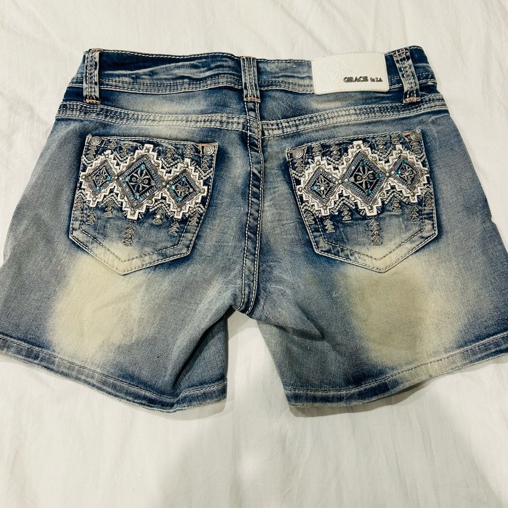 Grace Embroidered Light Blue Distressed Jean Shorts - Picture 2 of 9